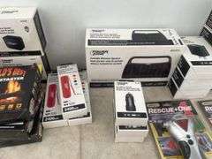Power Zone portable speakers, powerbanks, dual USB car chargers, USB wall chargers, labeling tape, e