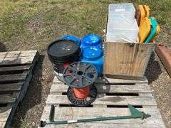 Pallet of misc plastic containers, bale twine, partial pail of tar etc