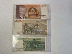 Yugoslavia - 1,000 Dinara Bill & 10,000 Dinara Bill & 500,000 Dinara Bill
