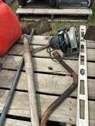 Pallet of misc skilsaw, grain box corner scoop, level etc