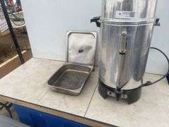 Coffee urn 100 cup - heats up but missing basket and stem and has broken handle, comes with small st