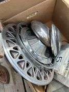 Pallet of miscellaneous, vintage tools, balls, hubcaps etc