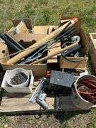 Pallet of miscellaneous, nails, plumbing fittings, golf clubs etc