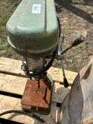 Pallet of misc, barrel, rusty bench drill press, trap etc