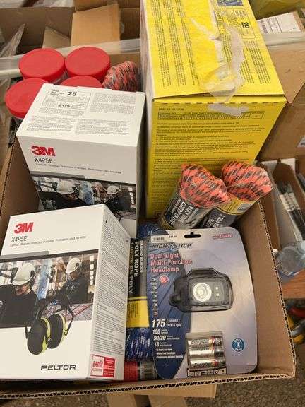 Earplugs, qty of zip ties, qty of 1/4”x50’poly rope packs, flashlights,hard hat mounted hearing muff
