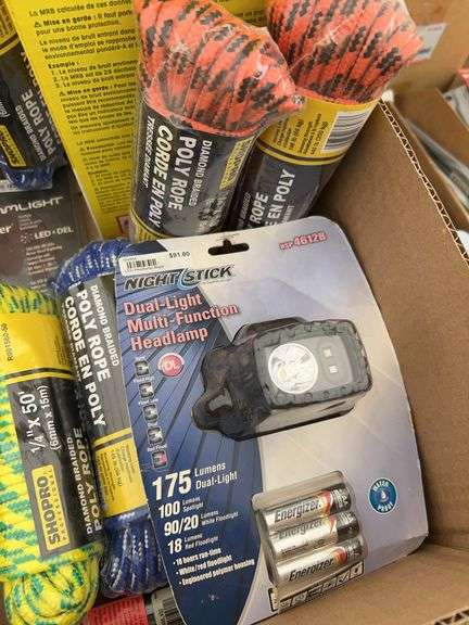 Earplugs, qty of zip ties, qty of 1/4”x50’poly rope packs, flashlights,hard hat mounted hearing muff
