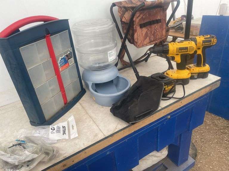 2 DeWalt 18V drills comes with charger and 1 useable battery, pet watering container, storage