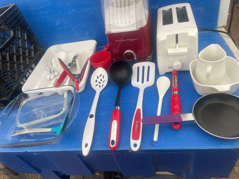 Hot air popper and electric toaster both heat up, assortment of utensil etc - comes in milk cartoon
