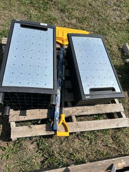 Pair of plastic storage boxes, snow shovel, folding sawhorses