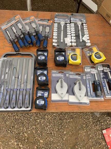 Chisels, socket sets, file set, tape measures, chalk lines, multi screwdrivers