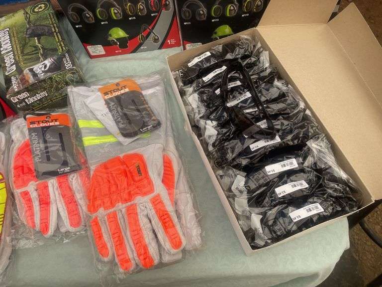 Quantity of safety supplies including glasses, face masks, ear muffs,work gloves, rubber gloves,.
