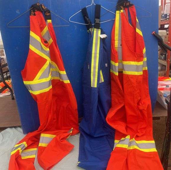 3 pair of bib overalls - blue ones are XL and both orange are size 48