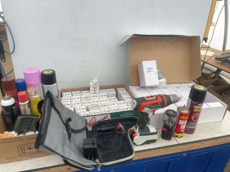 Working Black & Decker 14 V cordless drill, small butane heater, quantity of lightbulbs, etc.