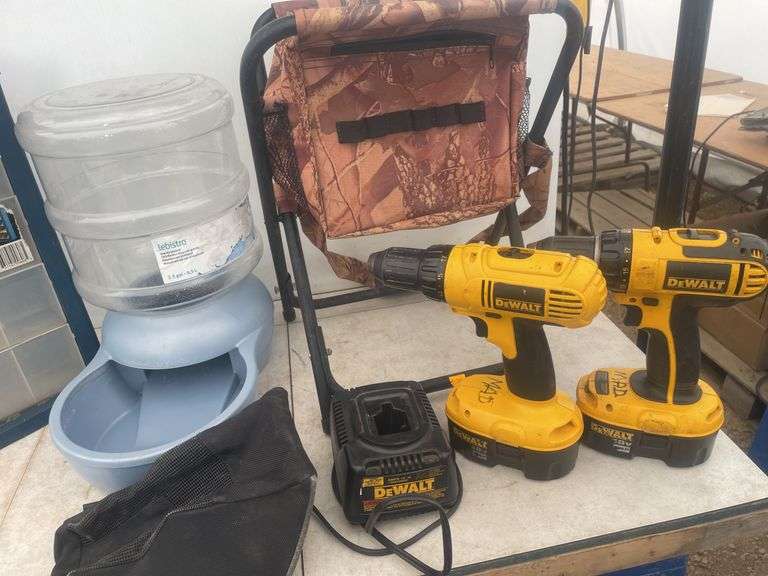 2 DeWalt 18V drills comes with charger and 1 useable battery, pet watering container, storage