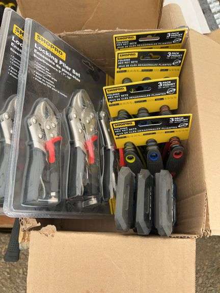 2 of 3 pack ShopPro locking pliers sets, qty of folding hex key sets, 3 of precision screwdriver set