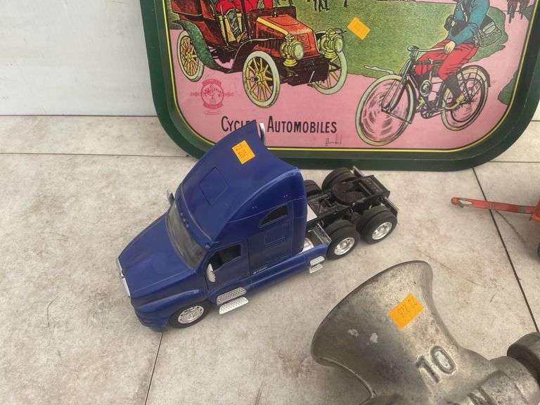 Ertl wagon, made in Hong Kong serving tray, #10 Dominion meat grinder, and a plastic truck