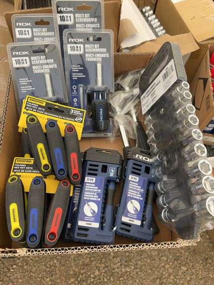 Multi-bit screwdrivers, folding hex key sets, claw hammers, 19pc SAE/METRIC ratchet & socket set