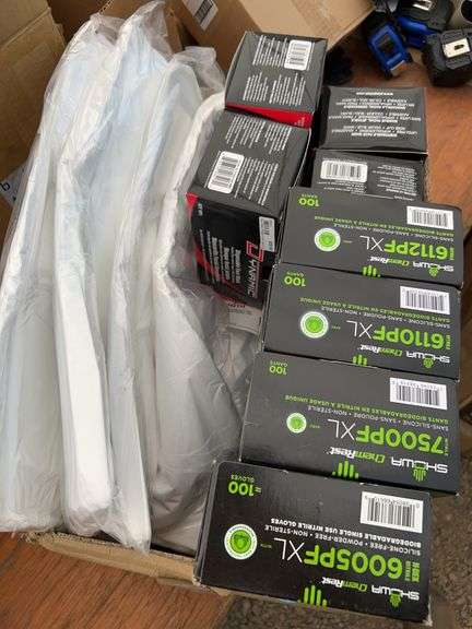 400 of disposable aprons, 4 boxes XL silicone gloves, 4 boxes disposable masks