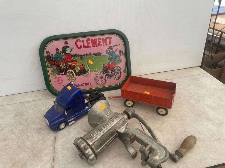 Ertl wagon, made in Hong Kong serving tray, #10 Dominion meat grinder, and a plastic truck