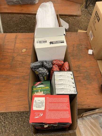 Survival candles, hard hat mounted earmuffs, safety glasses, 12”x12” towels