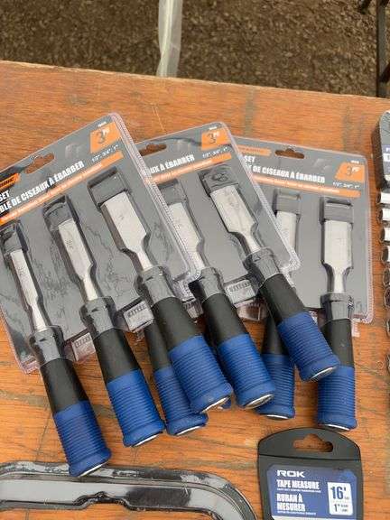 Chisels, socket sets, file set, tape measures, chalk lines, multi screwdrivers