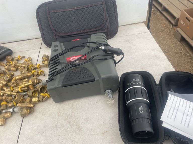 MotoMaster multi-function digital air compressor, qty of brass fittings, rechargeable flashlight,