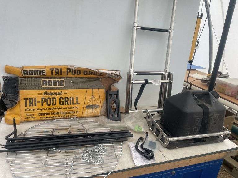 Tripod grill, three step stainless steel marine ladder, hand guards for a Polaris ￼snowmobile hand b
