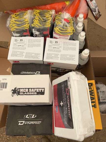 Qty of XL gloves, hearing protector muffs, hand sanitizer, barricade tape, safety glasses, First aid
