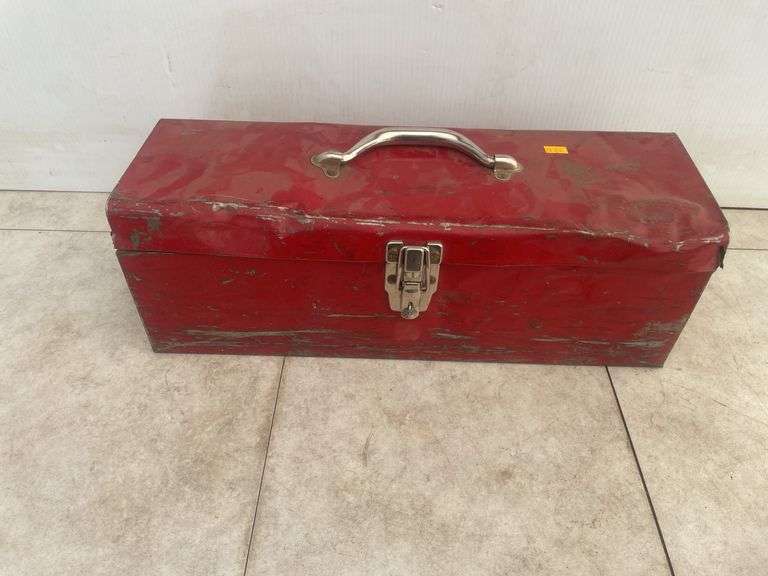 Metal toolbox with a quantity of John Deere male hydraulic coupler ends