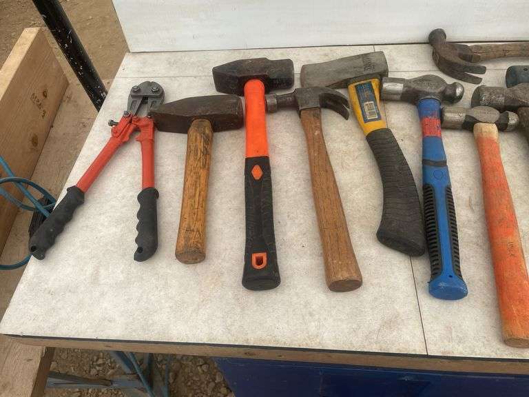 Quantity of hammers, small bolt cutter, hatchet, etc