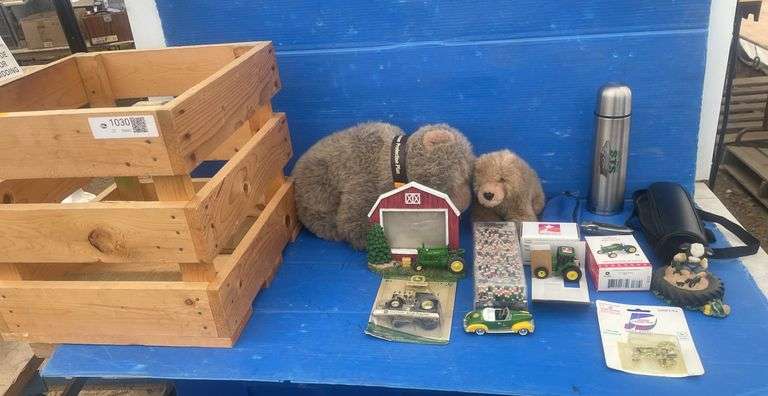 Misc 1:64 scale Johhn Deere toys, stainless steel thermos, and John Deere teddy bears etc