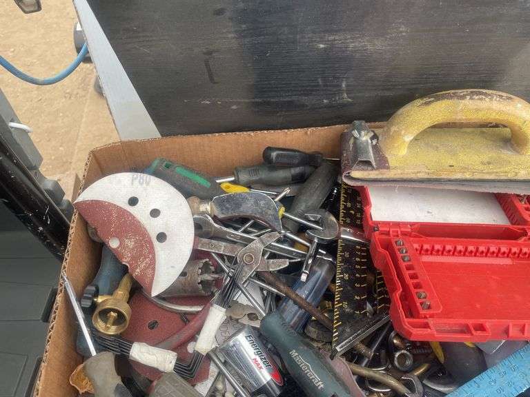 Quantity of misc tools and hardware, including DeWalt saw.