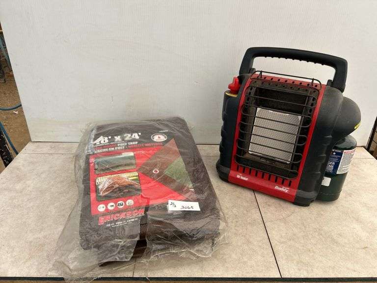 Mr. Heater portable propane camping heater and a tarp 18'x24'