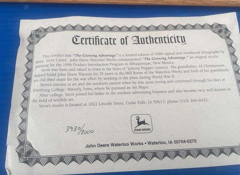 John Deere framed print #3930/7000 with Certificate of Authenticity