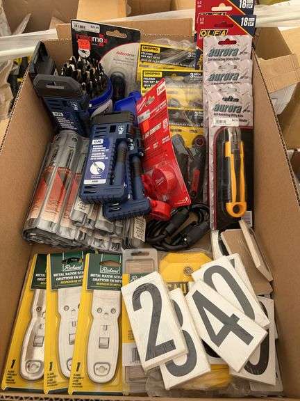 Qty of utility knives, qty of metal razor scrapers, pack of razor blades, qty of numbers, folding