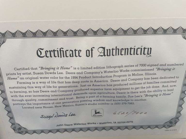 John Deere framed print #6520/7000 and comes with a Certificate of Authenticity