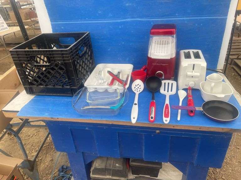Hot air popper and electric toaster both heat up, assortment of utensil etc - comes in milk cartoon