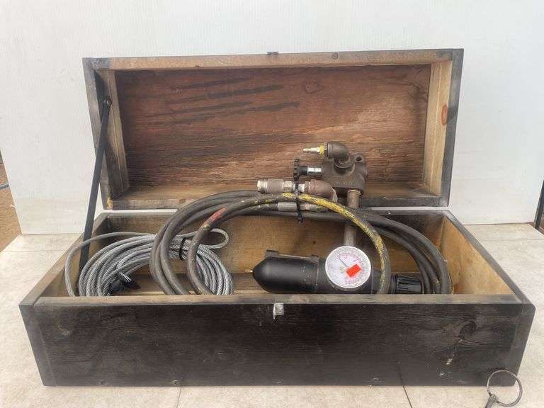 Air dryer, Approx 100 ‘ of winch cable and a shop built wooden tool box 25”x10 1/2”