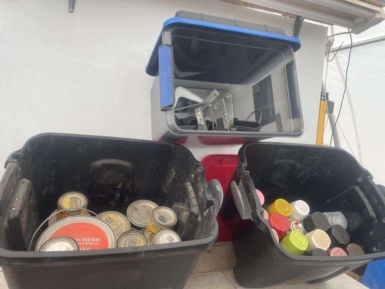 2 totes with quantity of misc partial cans of paints and stains, and one tote with misc