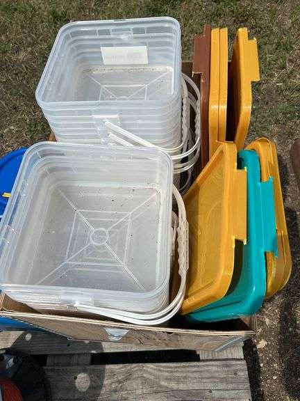 Pallet of misc plastic containers, bale twine, partial pail of tar etc