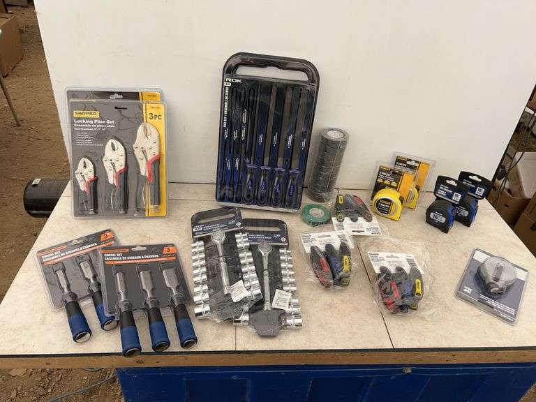 Locking plier sets, folding hex key sets, chisels, file set, tape measures etc