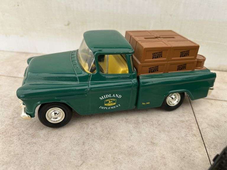 John Deere related toys, Chev coin bank truck, John Deere combine (header needs some glue), semi etc