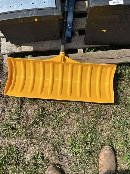 Pair of plastic storage boxes, snow shovel, folding sawhorses