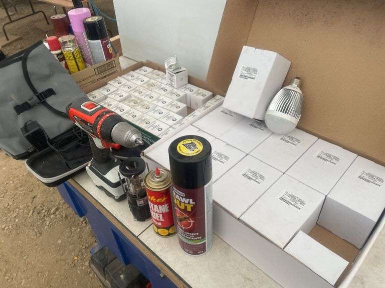 Working Black & Decker 14 V cordless drill, small butane heater, quantity of lightbulbs, etc.