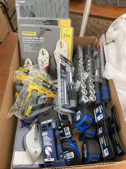 File set, chisels, folding hex key sets, socket sets, locking pliers sets, tape measures, chalk line