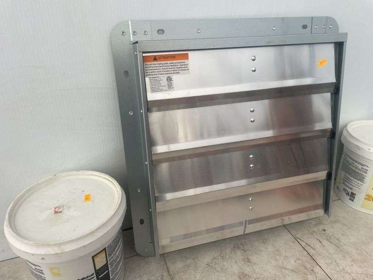 2 containers of tile adhesive and a fan louver 16"x16"