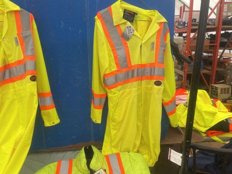 2 light hi-viz coveralls and a quilted jacket all size medium