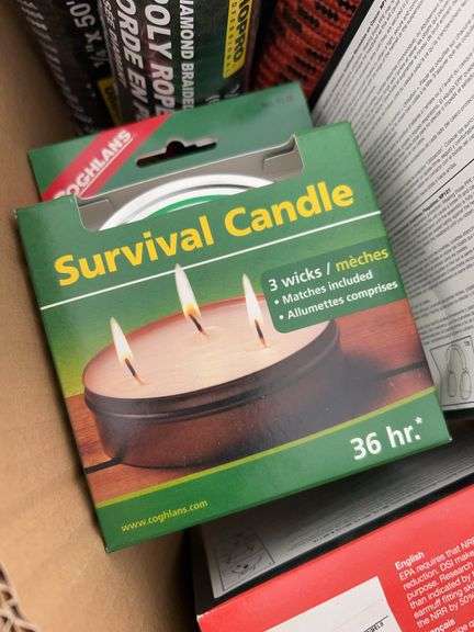 Survival candles, hard hat mounted earmuffs, safety glasses, 12”x12” towels