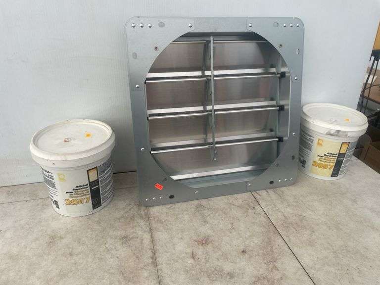 2 containers of tile adhesive and a fan louver 16"x16"
