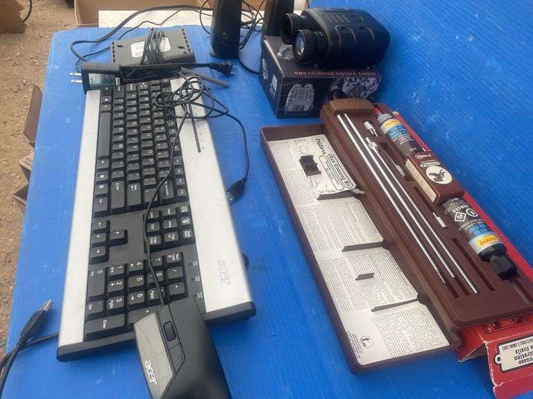 Universal gun cleaning kit, night vision binoculars, keyboard, router and mouse etc.